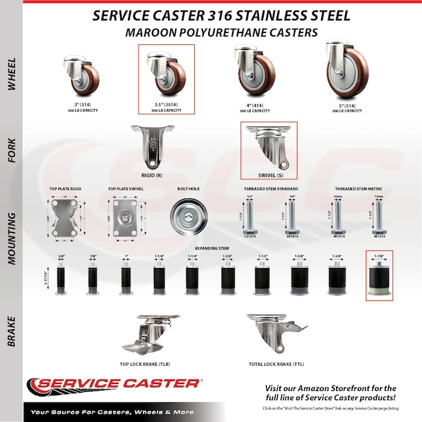 Service Caster 3.5 Inch 316SS Maroon Polyurethane Wheel Swivel 1-7/8 Inch Expanding Stem Caster SCC-SS316EX20S3514-PPUB-MRN-178 - main